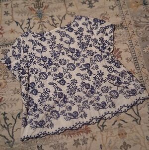 Talbots White Top with Blue Floral Embroidery
